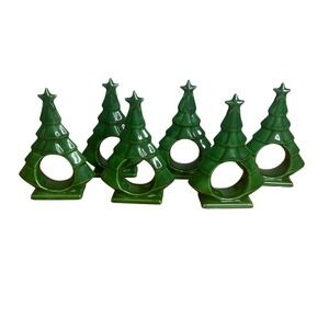Vintage Hand‎ Painted Christmas Tree Napkin Rings Set 6 Green Ceramic Decor